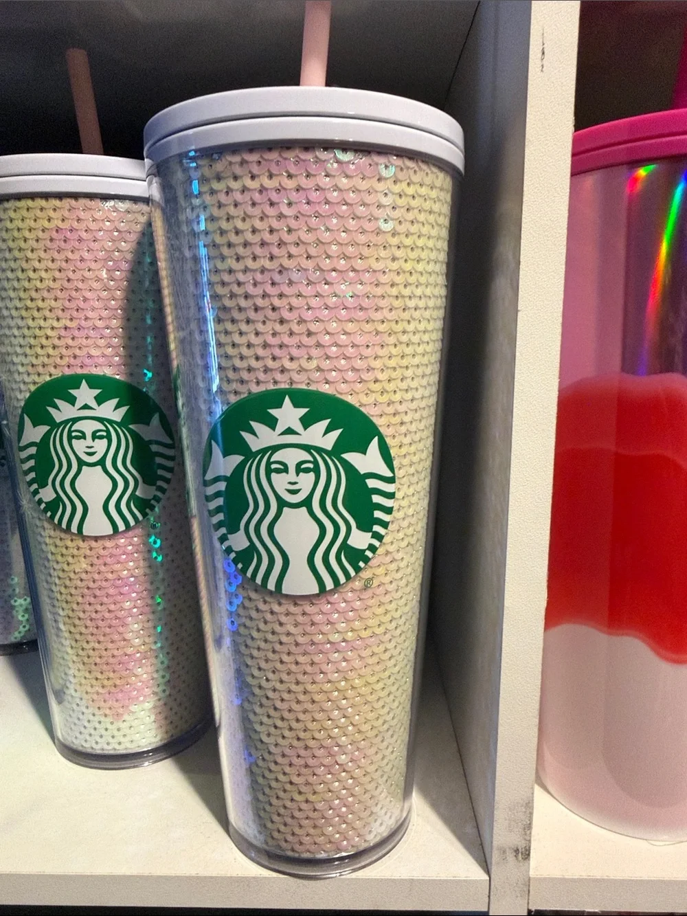 Starbucks Green Logo Sequin Tumbler with Pastel Pink and Pearl Hues